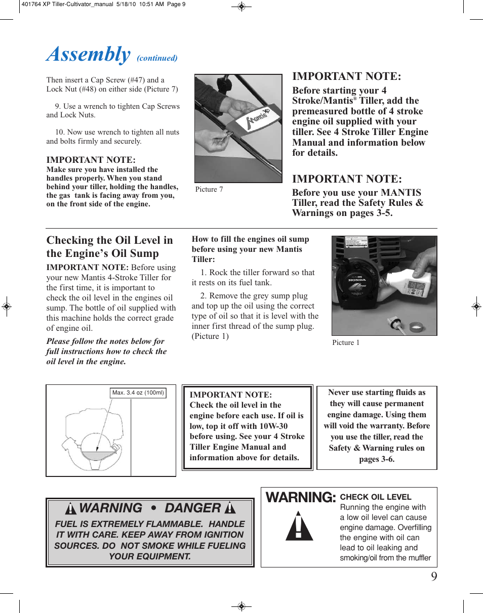 Assembly, Warning, Warning • danger | Mantis CULTIVATOR 401764 XP User Manual | Page 9 / 20