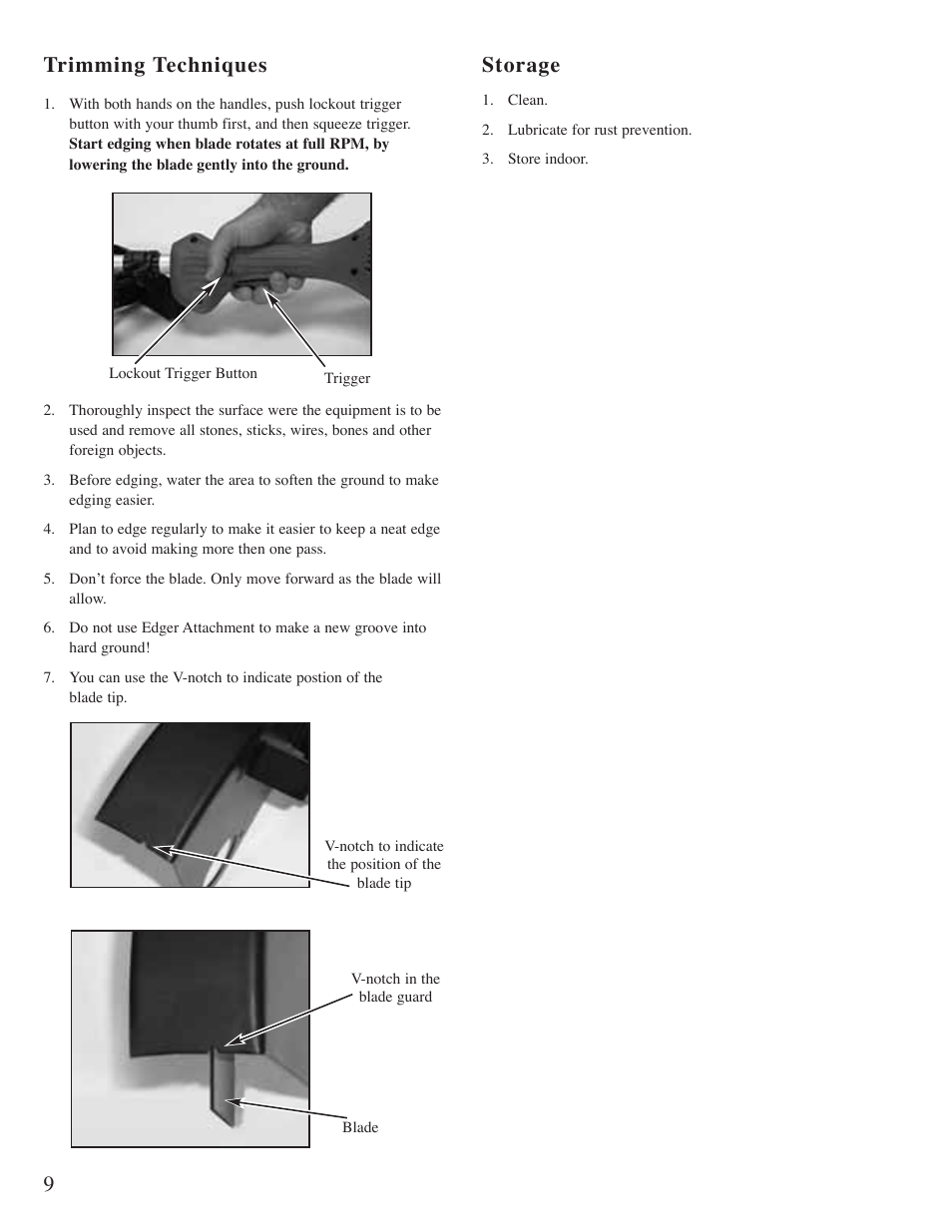 Storage, Trimming techniques | Mantis "E" System User Manual | Page 10 / 14