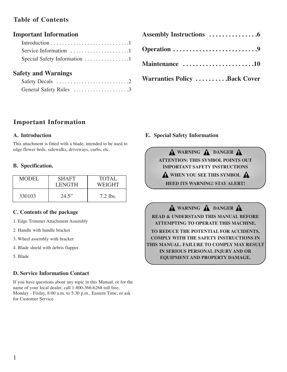 1table of contents important information, Important information, Safety and warnings | Mantis "E" System User Manual | Page 2 / 14