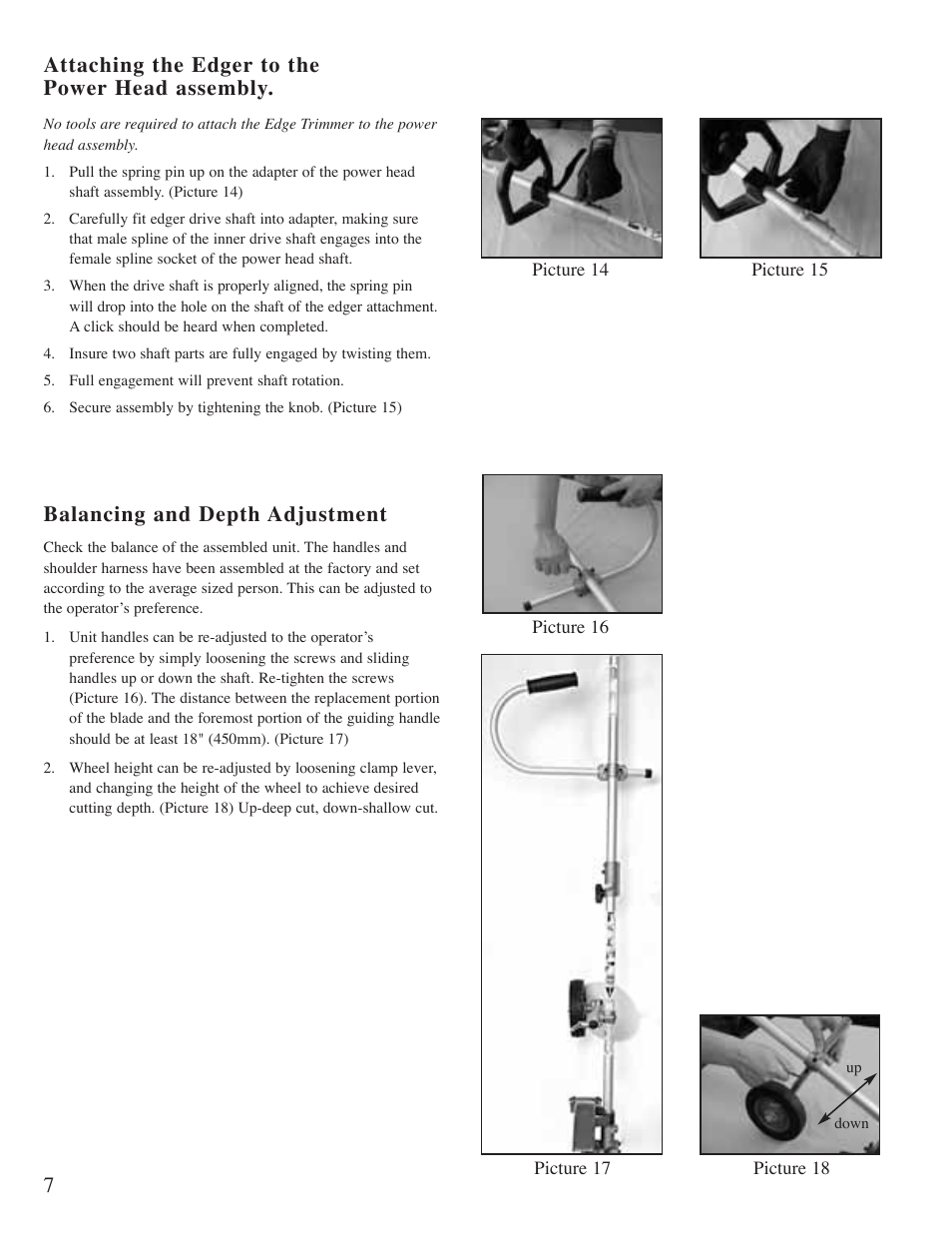 Balancing and depth adjustment, Attaching the edger to the power head assembly | Mantis "E" System User Manual | Page 8 / 14