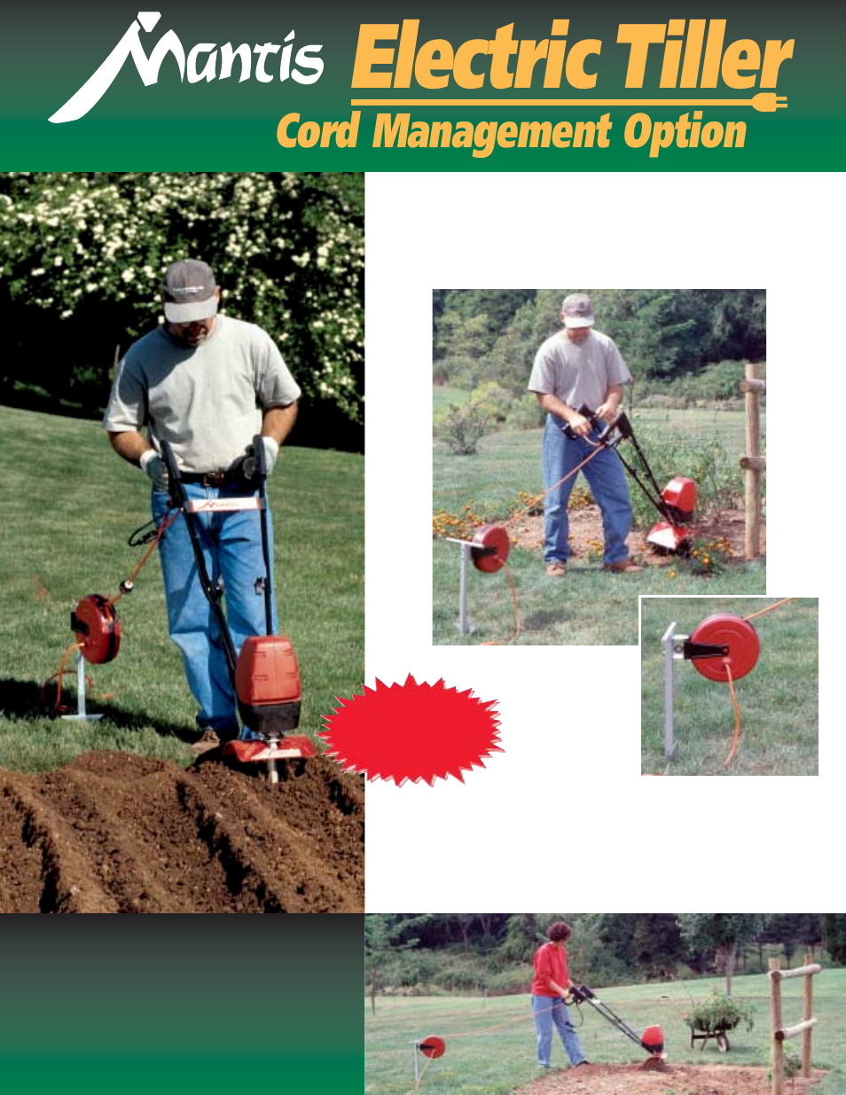Electric tiller, Cord management option, Keeps the electrical cord safe and out of your way | Mantis 7250 User Manual | Page 2 / 2