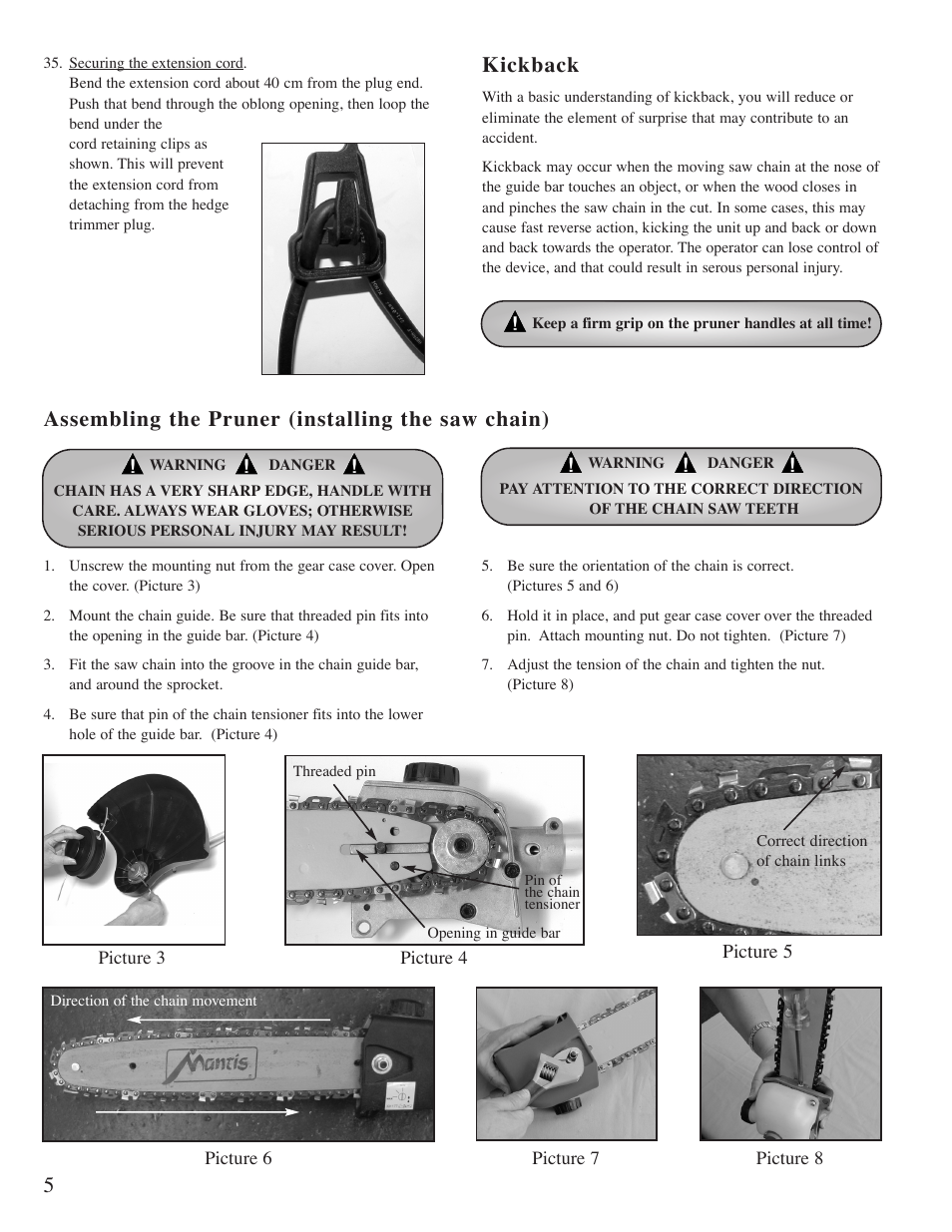 Assembling the pruner (installing the saw chain), Kickback | Mantis Pruner E System User Manual | Page 6 / 18