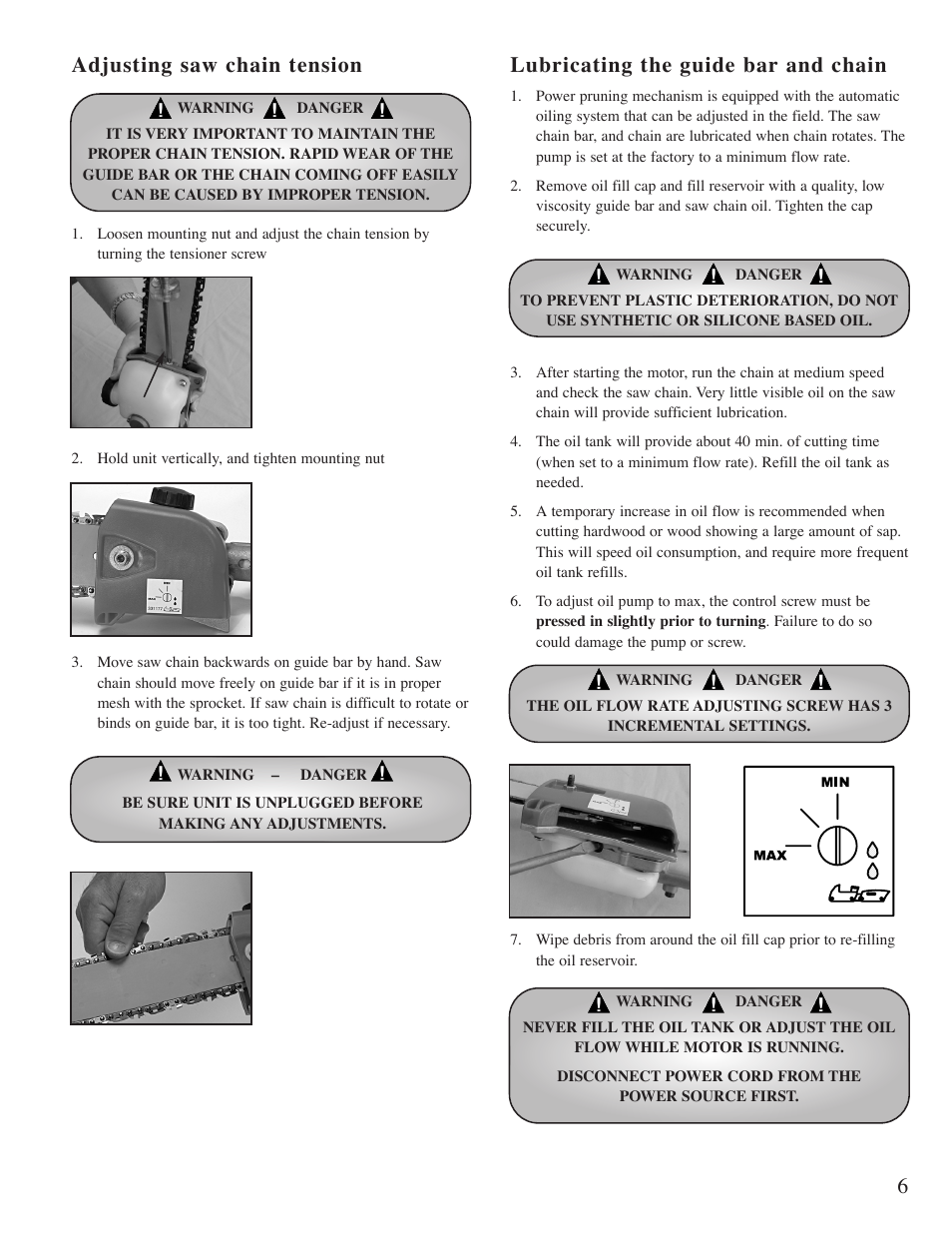 Adjusting saw chain tension, Lubricating the guide bar and chain | Mantis Pruner E System User Manual | Page 7 / 18