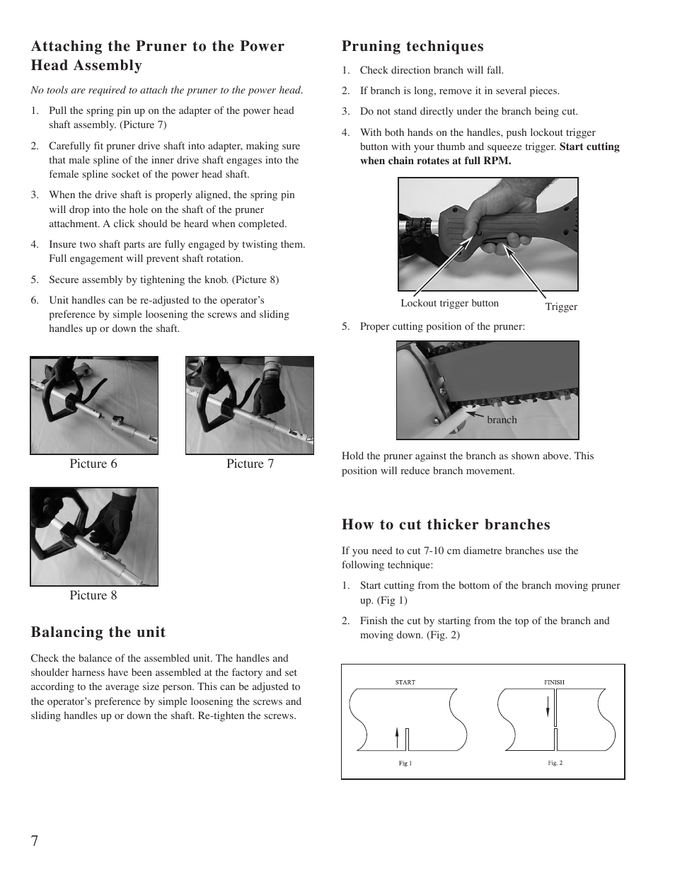 Balancing the unit, How to cut thicker branches, Attaching the pruner to the power head assembly | Pruning techniques | Mantis Pruner E System User Manual | Page 8 / 18