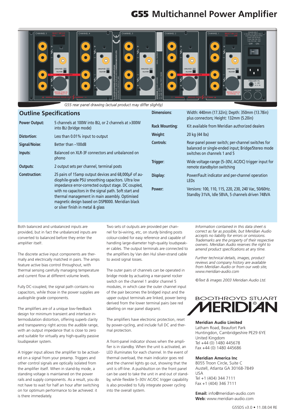 G55 multichannel power ampliﬁ er, Outline speciﬁ cations | Meridian America Multichannel Power Amplifier G55 User Manual | Page 2 / 2