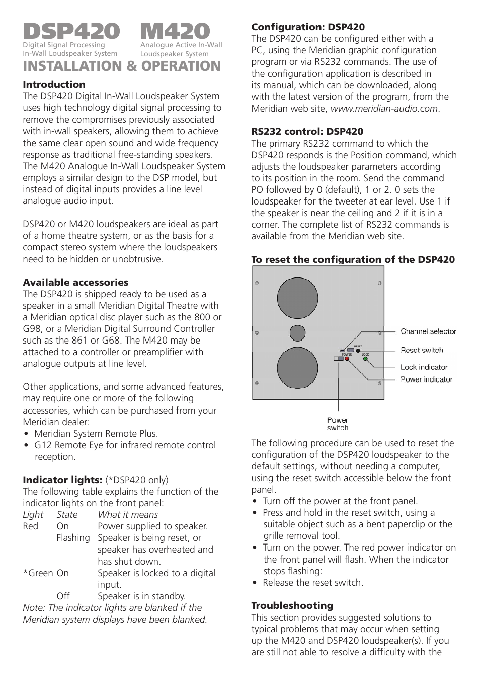 Dsp420, M420, Installation & operation | Meridian America DSP420 User Manual | Page 3 / 8
