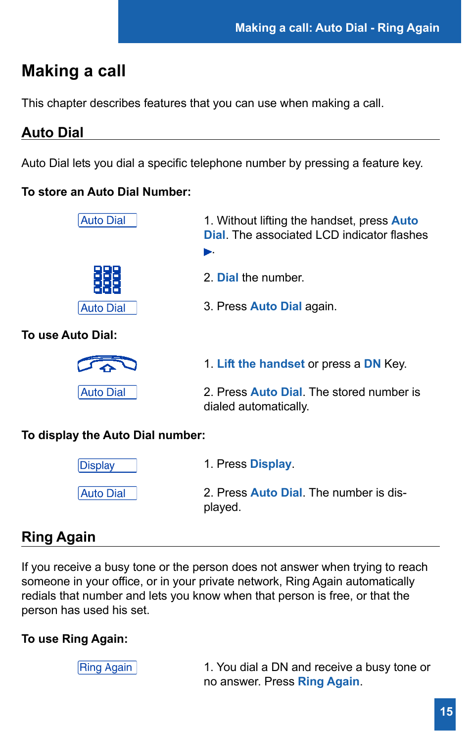 Making a call, Auto dial, Ring again | Meridian America M2008HF User Manual | Page 21 / 52