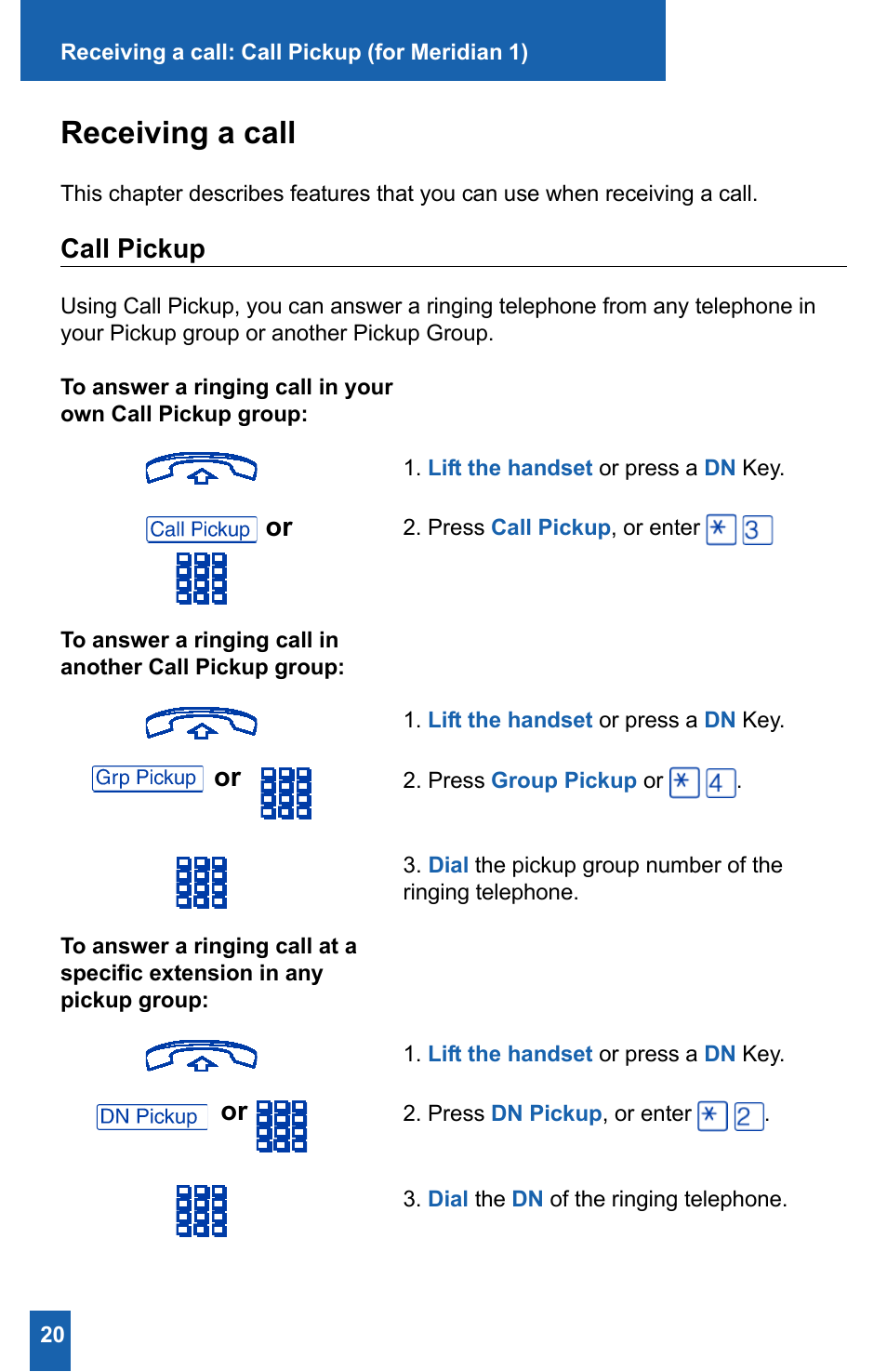 Receiving a call, Call pickup | Meridian America M2008HF User Manual | Page 26 / 52