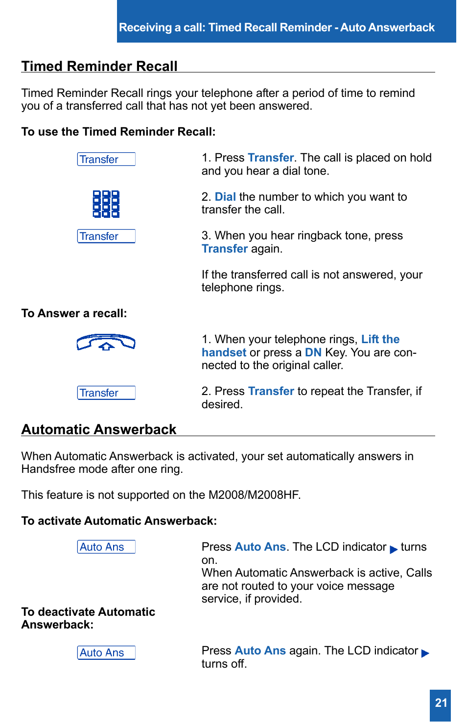 Timed reminder recall, Automatic answerback | Meridian America M2008HF User Manual | Page 27 / 52