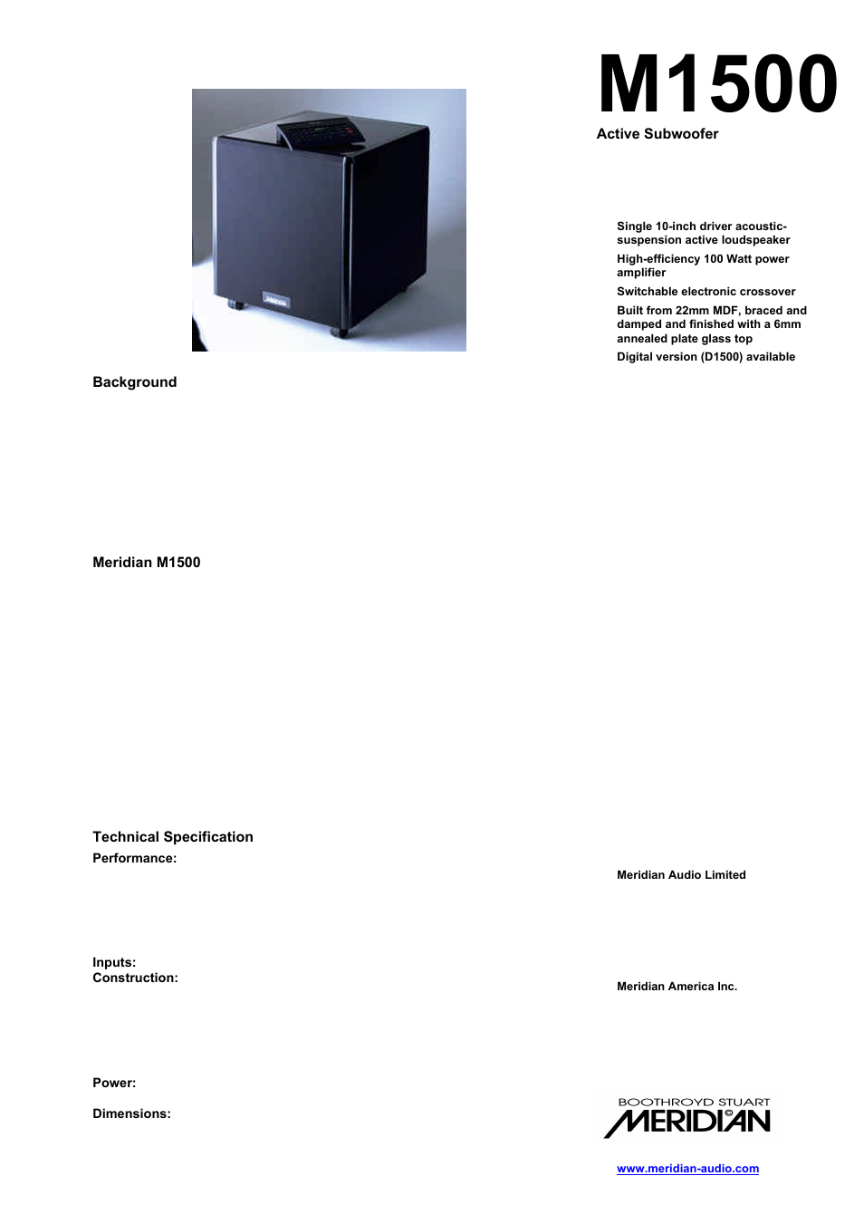 Meridian America Active Subwoofer M1500 User Manual | 1 page