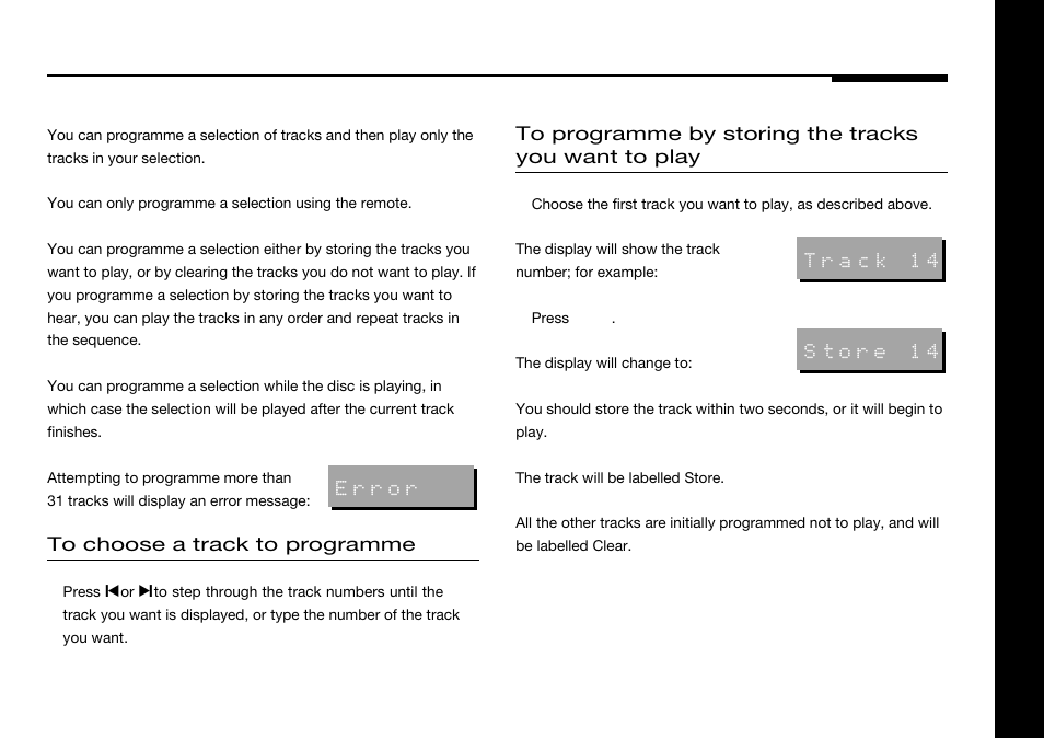 Programming a selection, Error message, Clearing | Programming, Specifying tracks to play | Meridian America 588 User Manual | Page 18 / 41