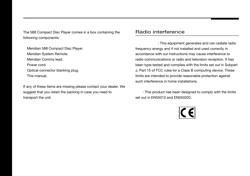 Unpacking, Components, Radio interference | Meridian America 588 User Manual | Page 23 / 41