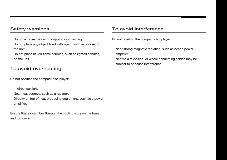 Positioning the compact disc player, Safety warnings, Ventilation | Positioning the, Compact disc player | Meridian America 588 User Manual | Page 24 / 41