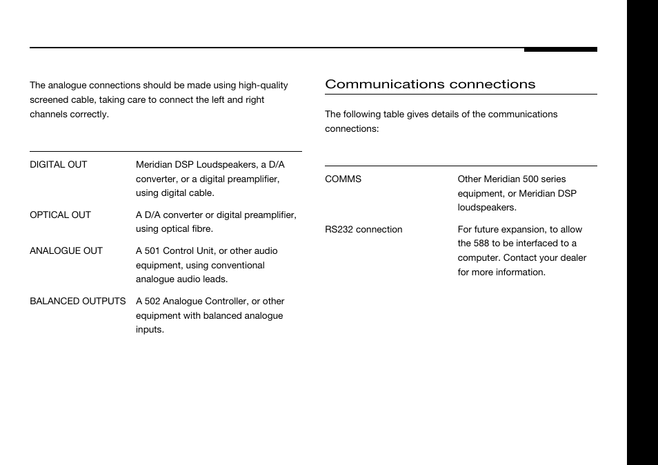 Analogue outputs, Analogue, Balanced | Digital, Optical, Balanced outputs, Comms, Communications connections, Rs232, Communications | Meridian America 588 User Manual | Page 26 / 41