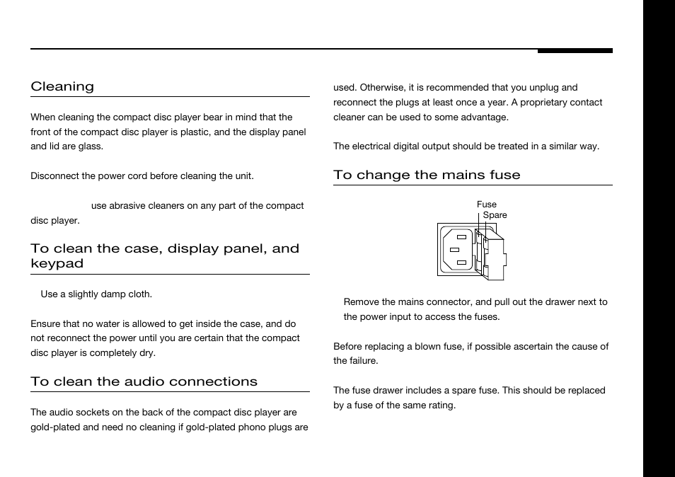 Maintenance, Cleaning, Fuse, changing | S power plug have not blown; see to | Meridian America 588 User Manual | Page 38 / 41