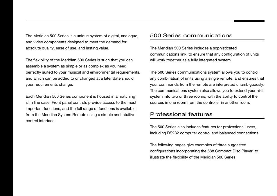 The meridian 500 series, Meridian 500 series, Communications | Meridian system remote, 500 series communications, Professional features | Meridian America 588 User Manual | Page 7 / 41