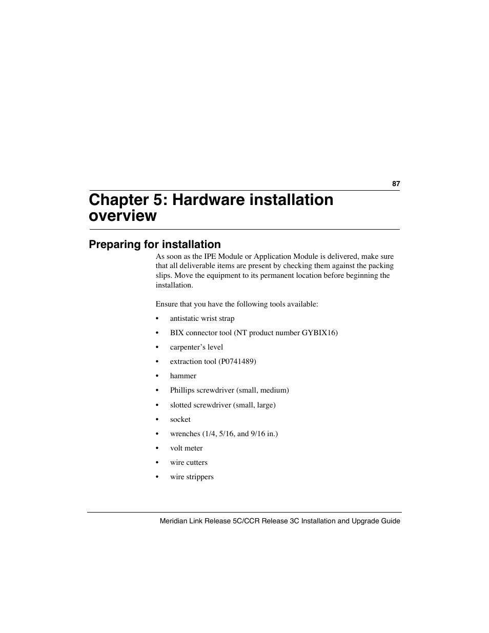 Chapter 5: hardware installation overview, Preparing for installation | Meridian America Link/Customer Controlled Routing User Manual | Page 105 / 595