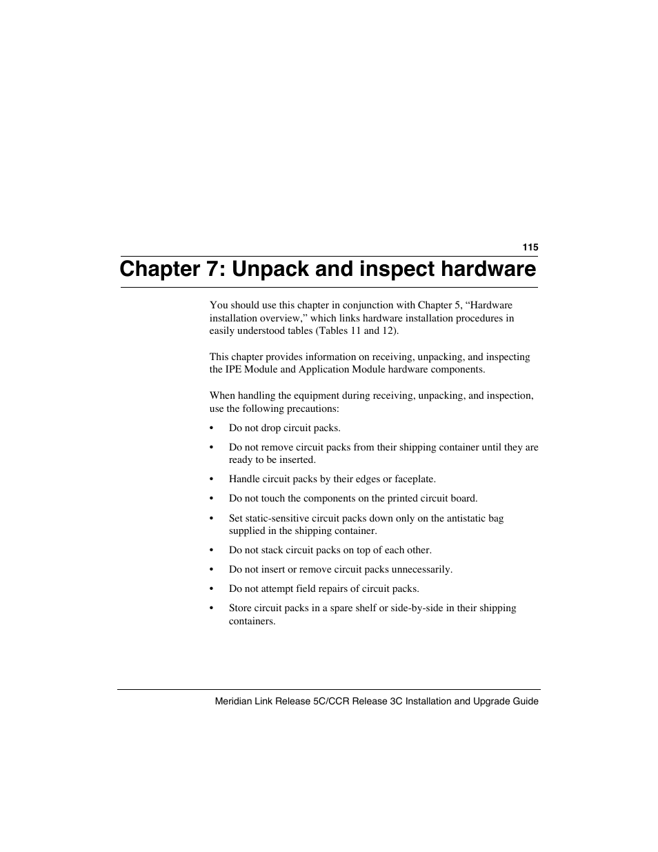 Chapter 7: unpack and inspect hardware | Meridian America Link/Customer Controlled Routing User Manual | Page 133 / 595