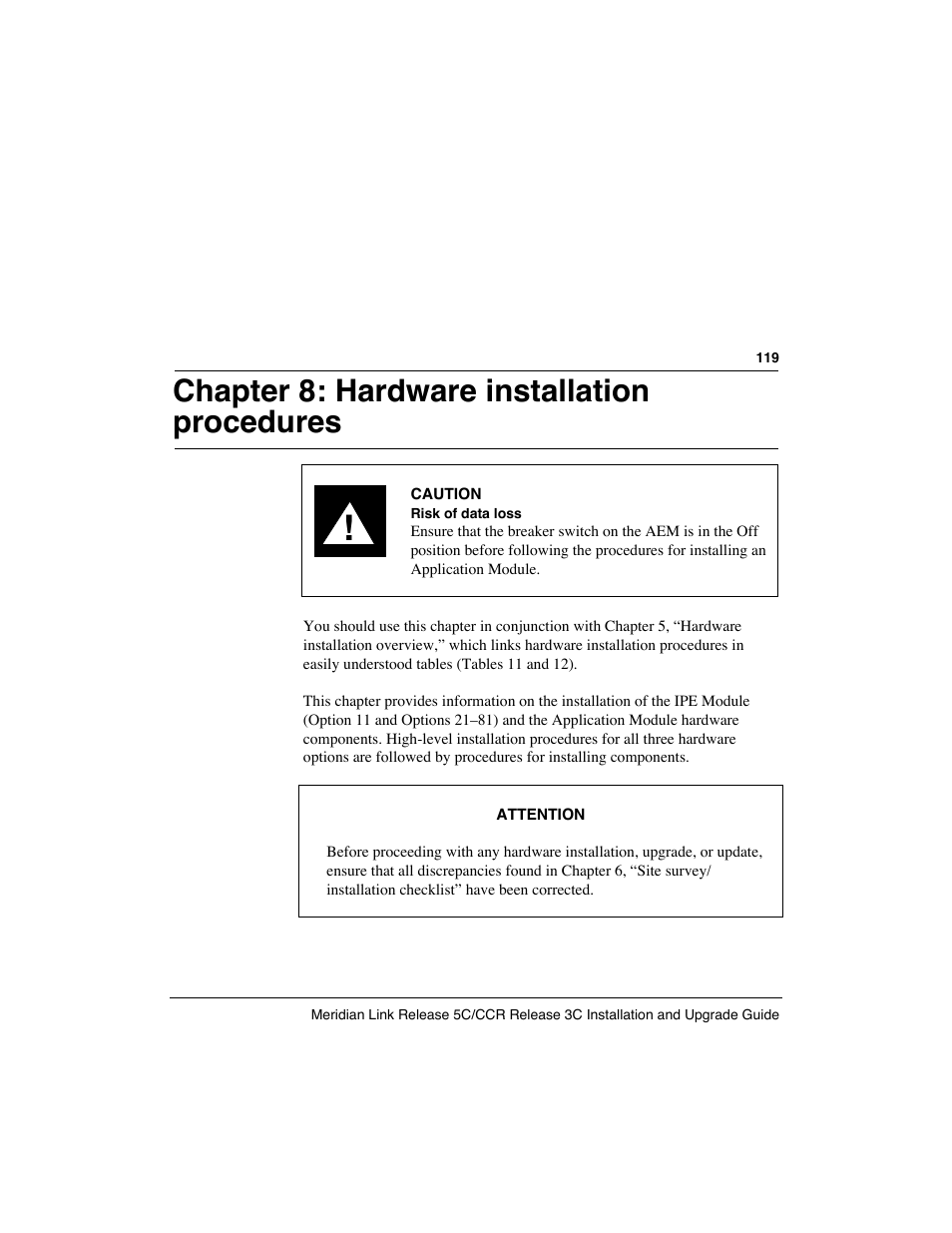 Chapter 8: hardware installation procedures | Meridian America Link/Customer Controlled Routing User Manual | Page 137 / 595