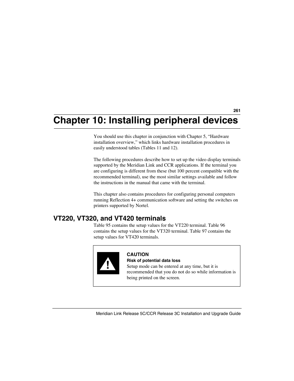 Chapter 10: installing peripheral devices, Vt220, vt320, and vt420 terminals | Meridian America Link/Customer Controlled Routing User Manual | Page 279 / 595