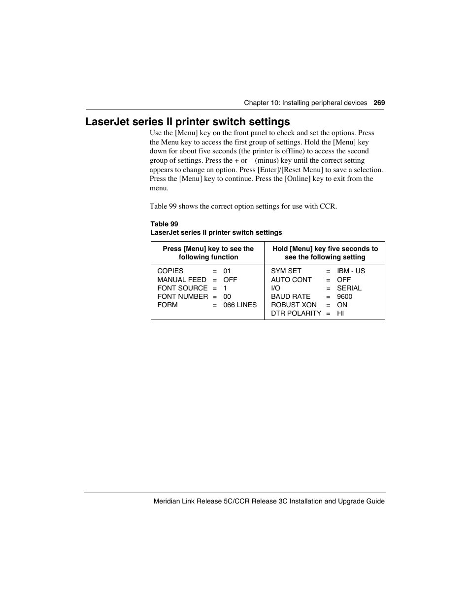 Laserjet series ii printer switch settings | Meridian America Link/Customer Controlled Routing User Manual | Page 287 / 595