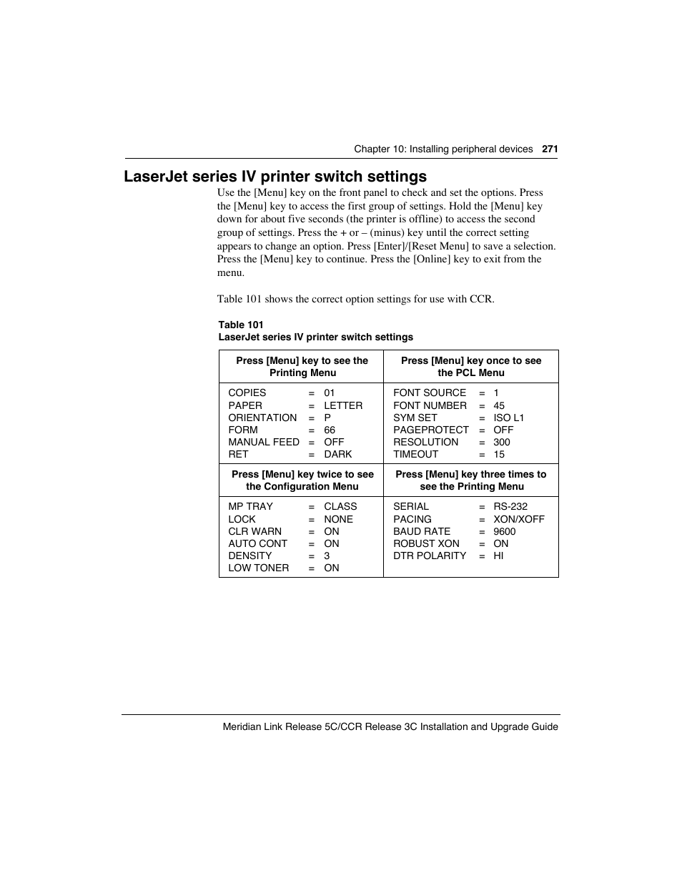Laserjet series iv printer switch settings | Meridian America Link/Customer Controlled Routing User Manual | Page 289 / 595