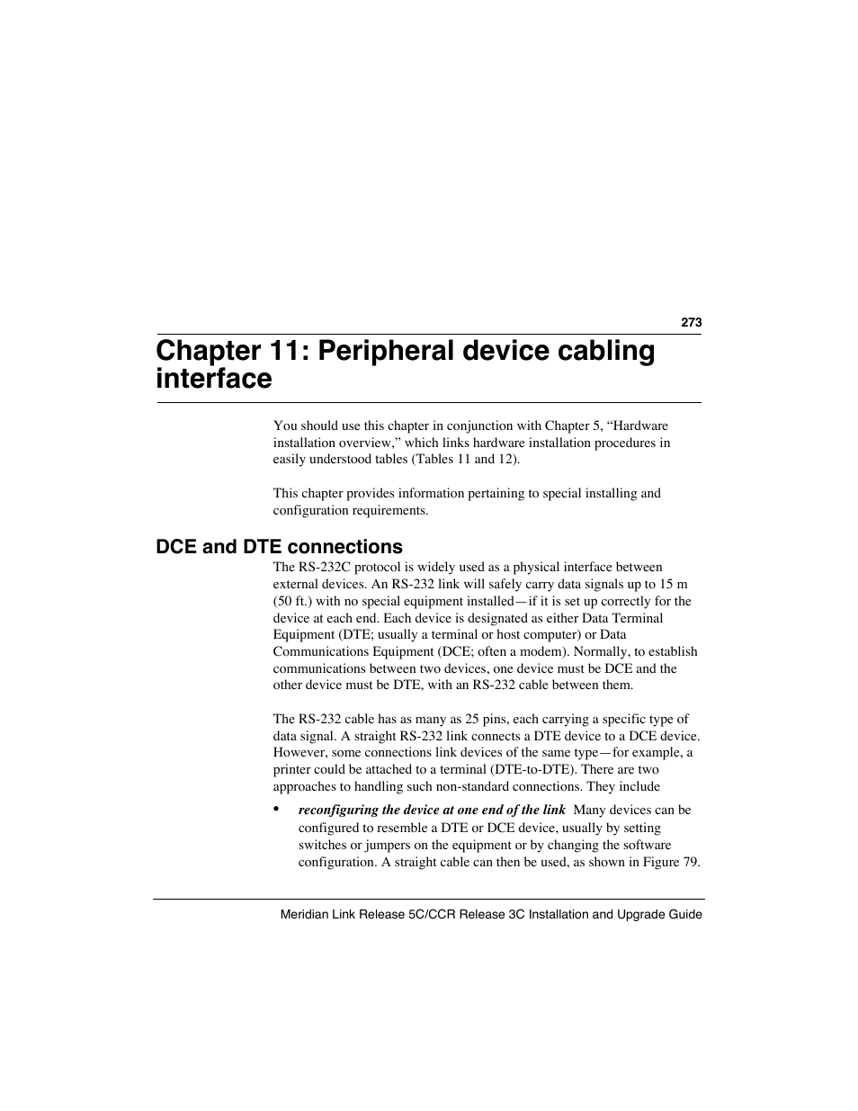 Chapter 11: peripheral device cabling interface, Dce and dte connections | Meridian America Link/Customer Controlled Routing User Manual | Page 291 / 595