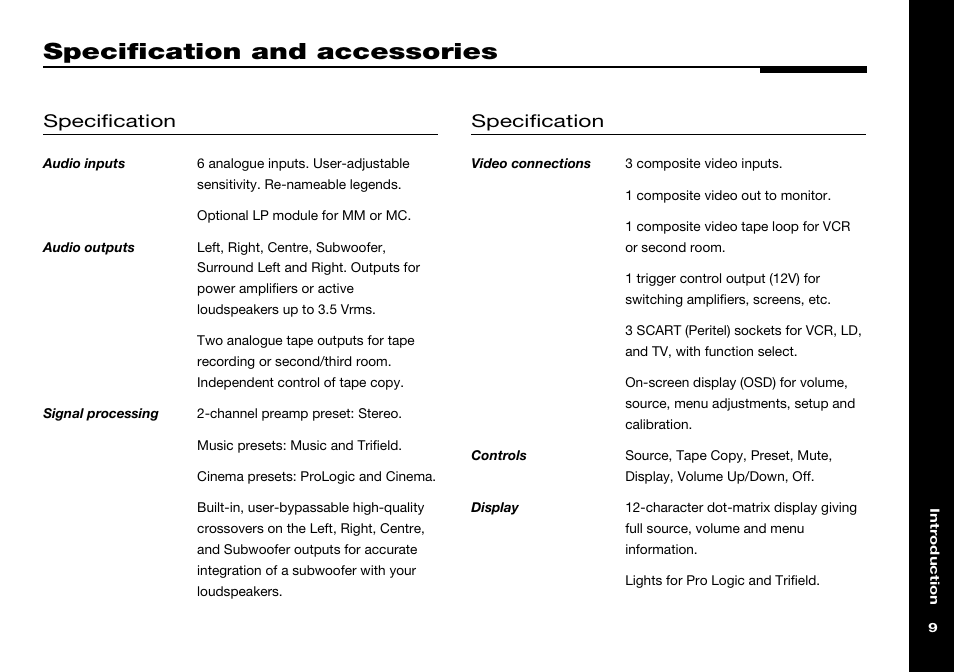 Specification and accessories, Audio inputs, Audio outputs | Controls, Display, Audio, Video, Signal processing, Specification, Video connections | Meridian America 541 User Manual | Page 15 / 72