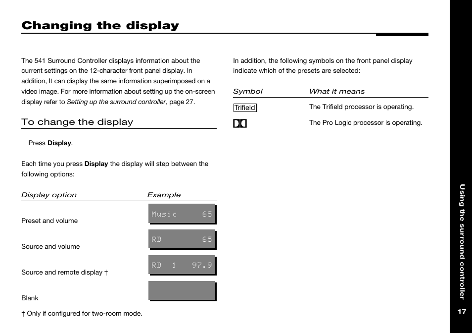 Changing the display, Display, Changing | Front panel symbols, Pro logic light, Trifield light | Meridian America 541 User Manual | Page 23 / 72