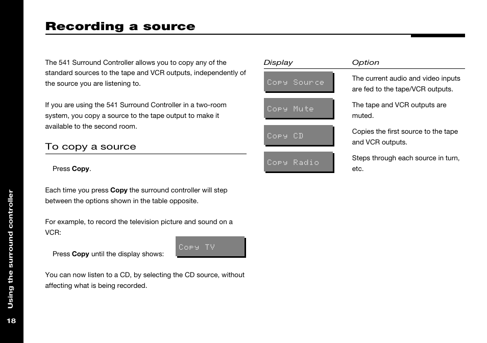 Recording a source, Copying, a source, A source | From a television, Recording, Television, recording from | Meridian America 541 User Manual | Page 24 / 72