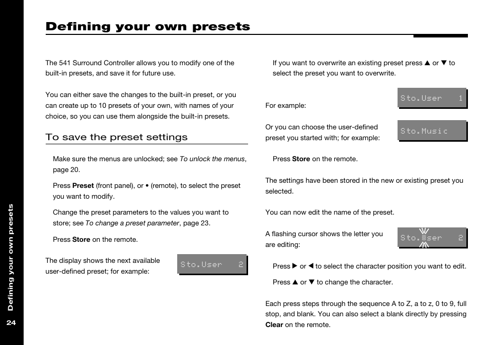 Defining your own presets, Saving, Editing name | Creating | Meridian America 541 User Manual | Page 30 / 72