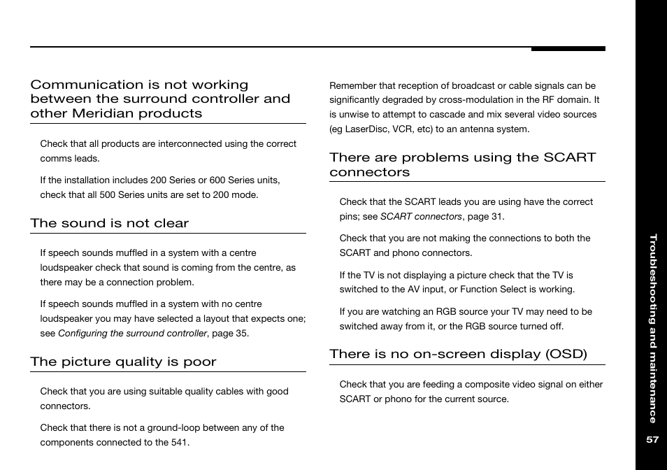 Troubleshooting, The sound is not clear, The picture quality is poor | There are problems using the scart connectors, There is no on-screen display (osd) | Meridian America 541 User Manual | Page 63 / 72