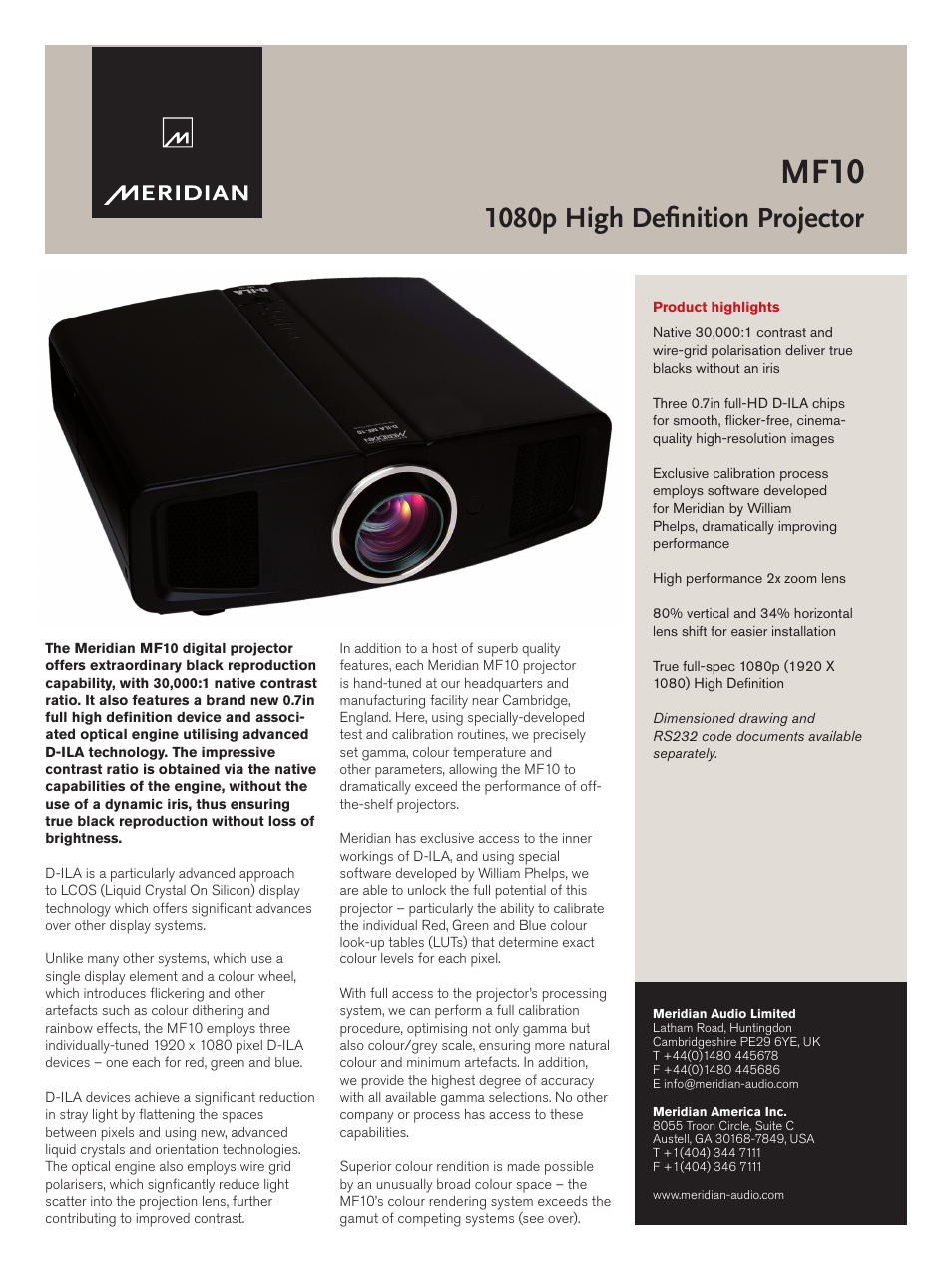 Meridian America MF10 User Manual | 2 pages