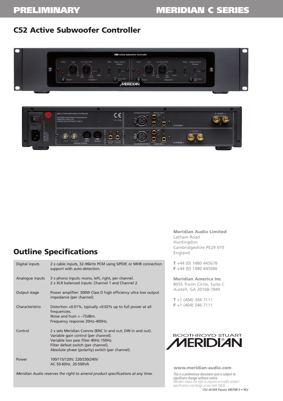 Preliminary meridian c series, C52 active subwoofer controller, Outline specifications | Meridian America C52 User Manual | Page 2 / 2
