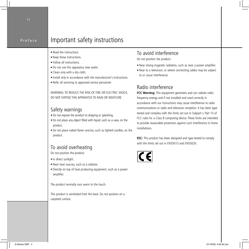 Important safety instructions, Safety warnings, Radio interference | Meridian America G68 User Manual | Page 2 / 70