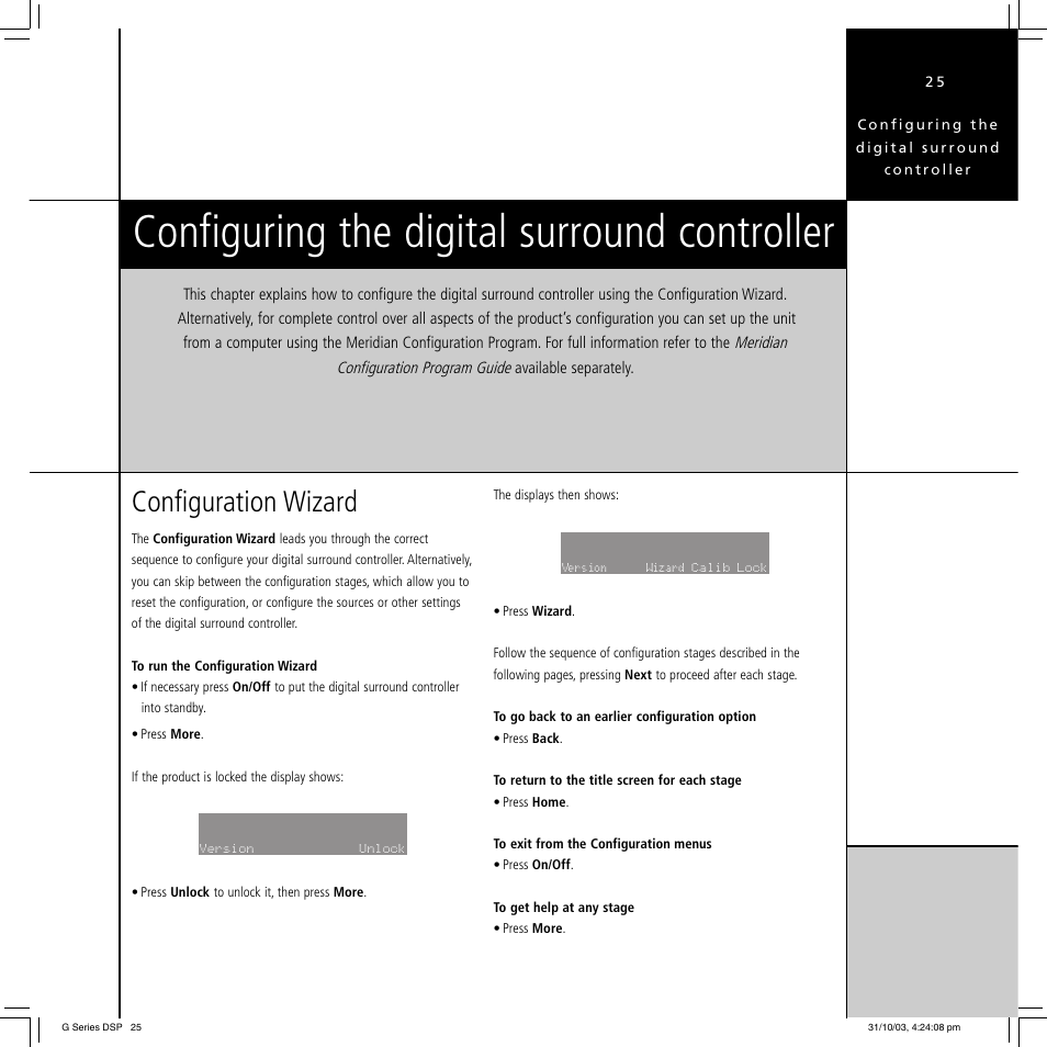 Configuring the digital surround controller, Configuration wizard | Meridian America G68 User Manual | Page 29 / 70