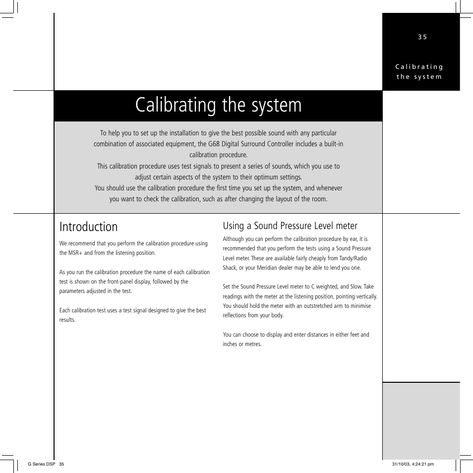 Calibrating the system, Introduction, Using a sound pressure level meter | Meridian America G68 User Manual | Page 39 / 70