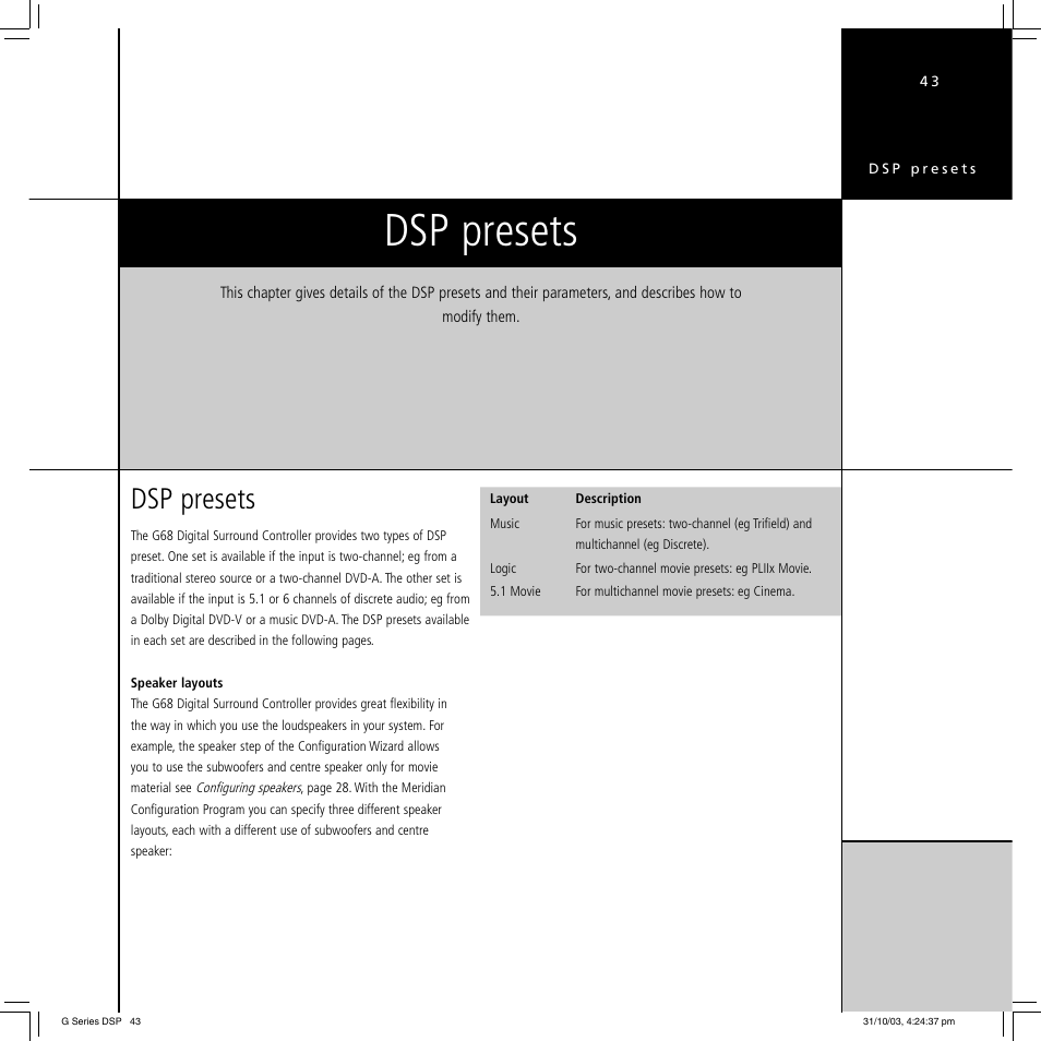 Dsp presets | Meridian America G68 User Manual | Page 47 / 70