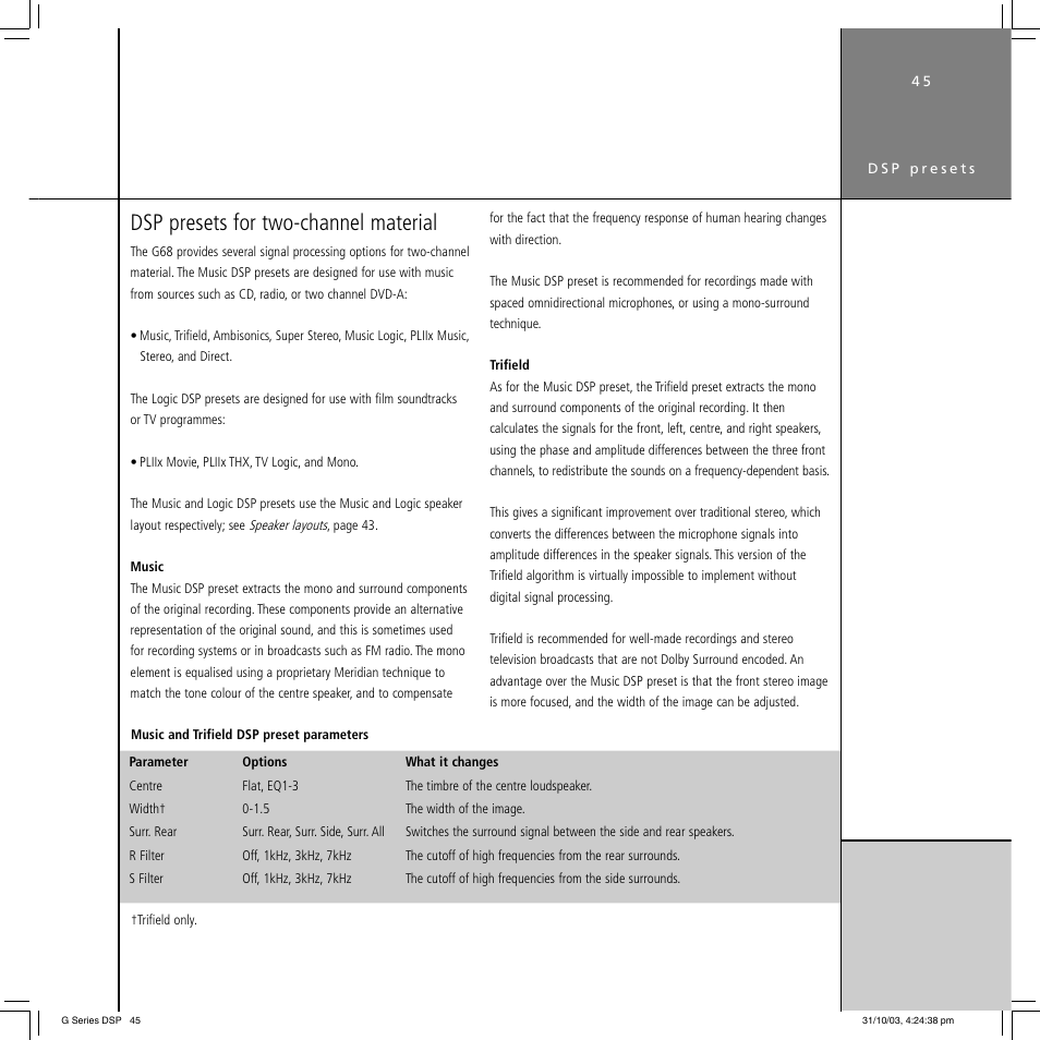 Dsp presets for two-channel material | Meridian America G68 User Manual | Page 49 / 70