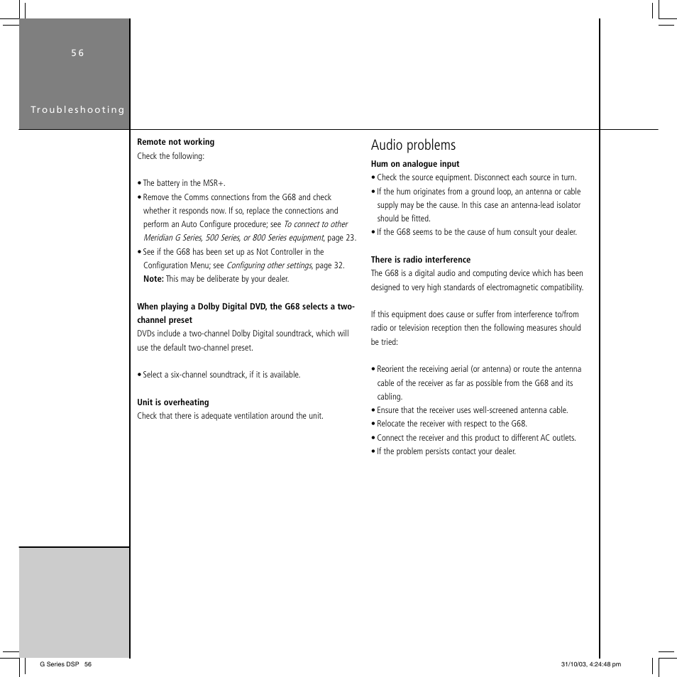 Audio problems | Meridian America G68 User Manual | Page 60 / 70