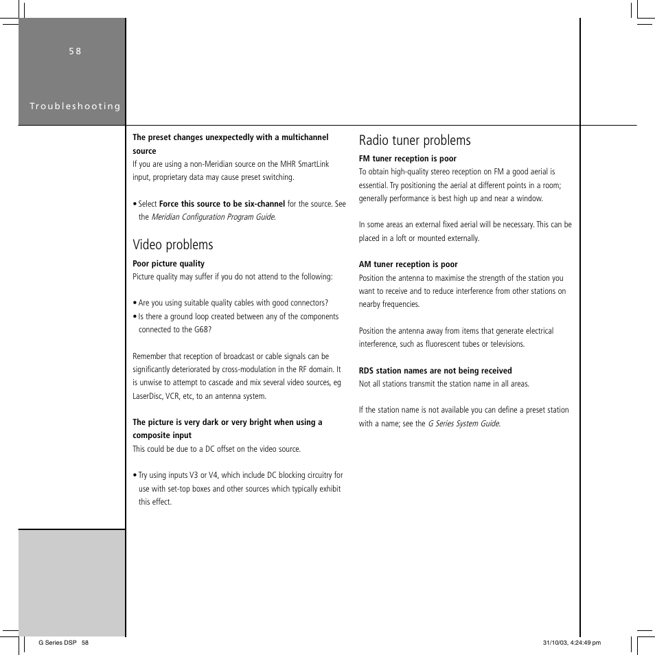 Video problems, Radio tuner problems | Meridian America G68 User Manual | Page 62 / 70