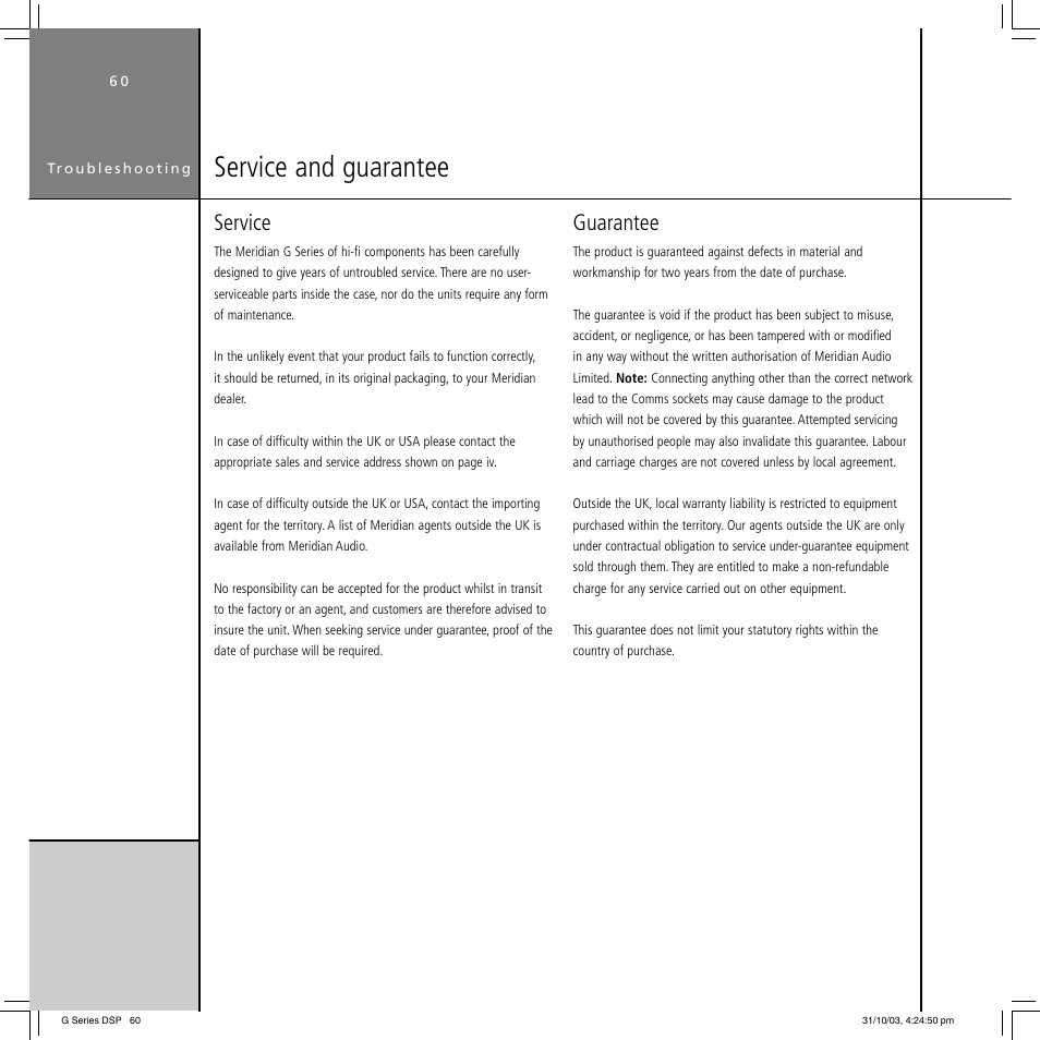 Service and guarantee, Service, Guarantee | Meridian America G68 User Manual | Page 64 / 70