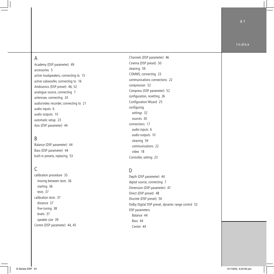 Index | Meridian America G68 User Manual | Page 65 / 70