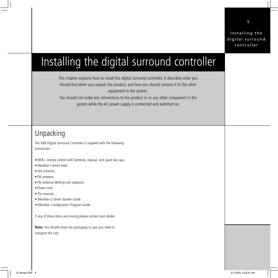 Installing the digital surround controller, Unpacking | Meridian America G68 User Manual | Page 9 / 70