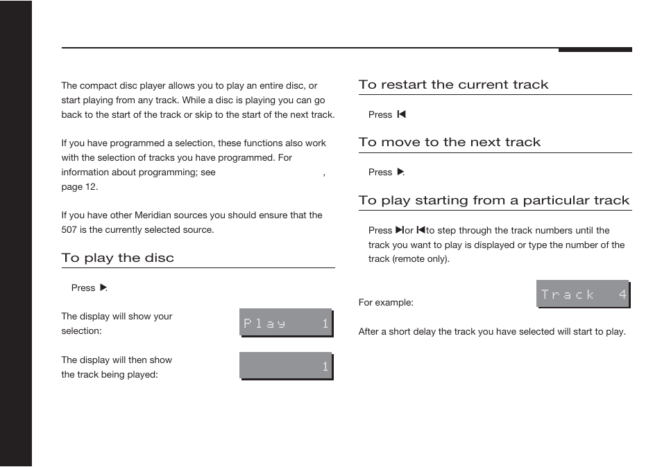 Playing a disc, From a particular track, Restarting the current track | Meridian America 507 User Manual | Page 15 / 39