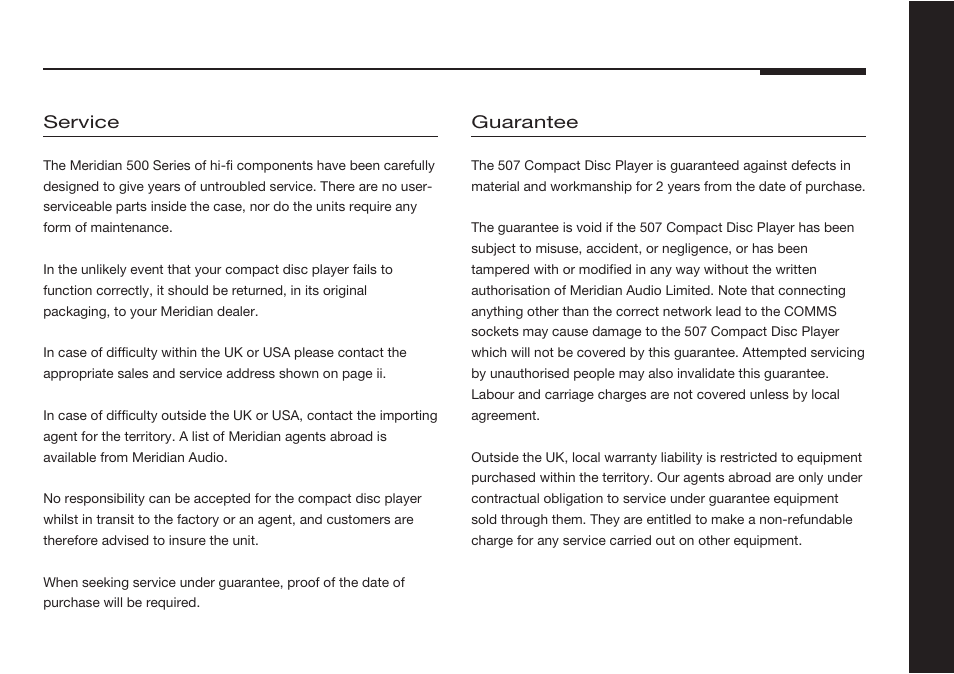 Service and guarantee, Guarantee, Service | Meridian America 507 User Manual | Page 36 / 39