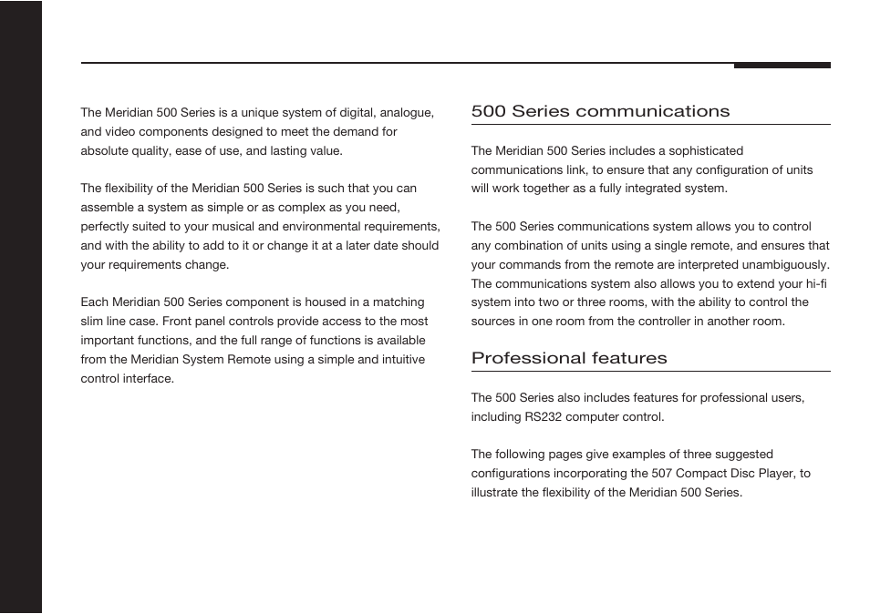 The meridian 500 series, Meridian 500 series, Communications | Meridian system remote, 500 series communications, Professional features | Meridian America 507 User Manual | Page 7 / 39