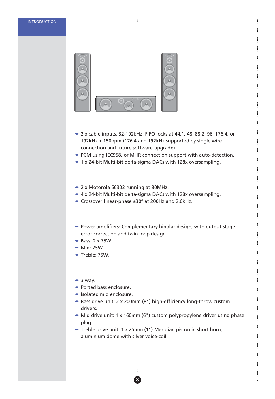 Specification – dsp5500, dsp5500hc, and dsp5500c, Dsp5500, dsp5500hc, and dsp5500c, Digital inputs and outputs | Signal processing, Output stages, Acoustic | Meridian America Meridian DSP User Manual | Page 13 / 49