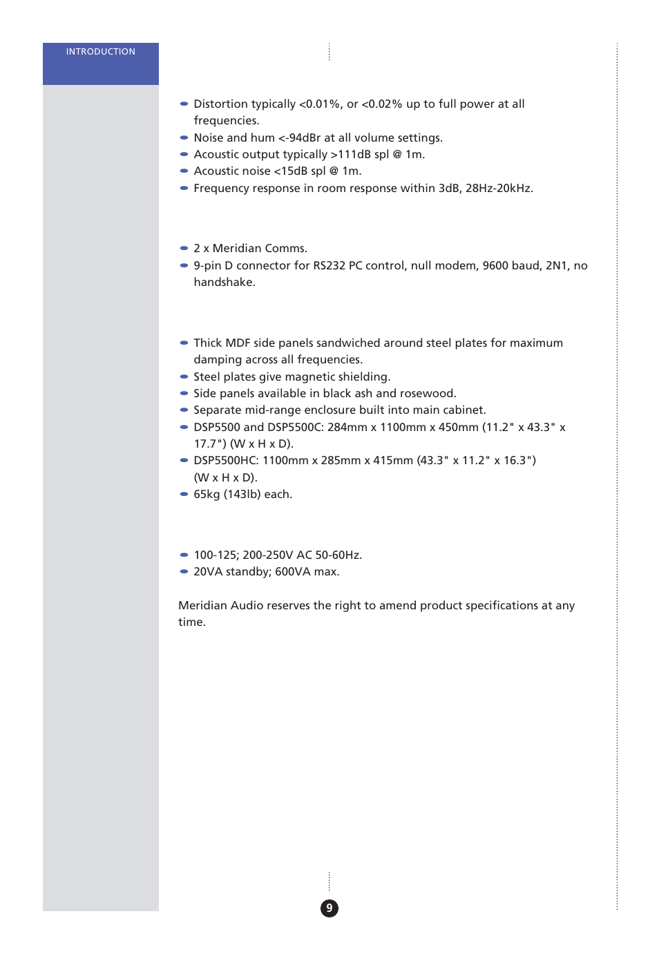 Specification – dsp6000 and dsp6000c, Characteristics, Control | Cabinet, Power | Meridian America Meridian DSP User Manual | Page 14 / 49