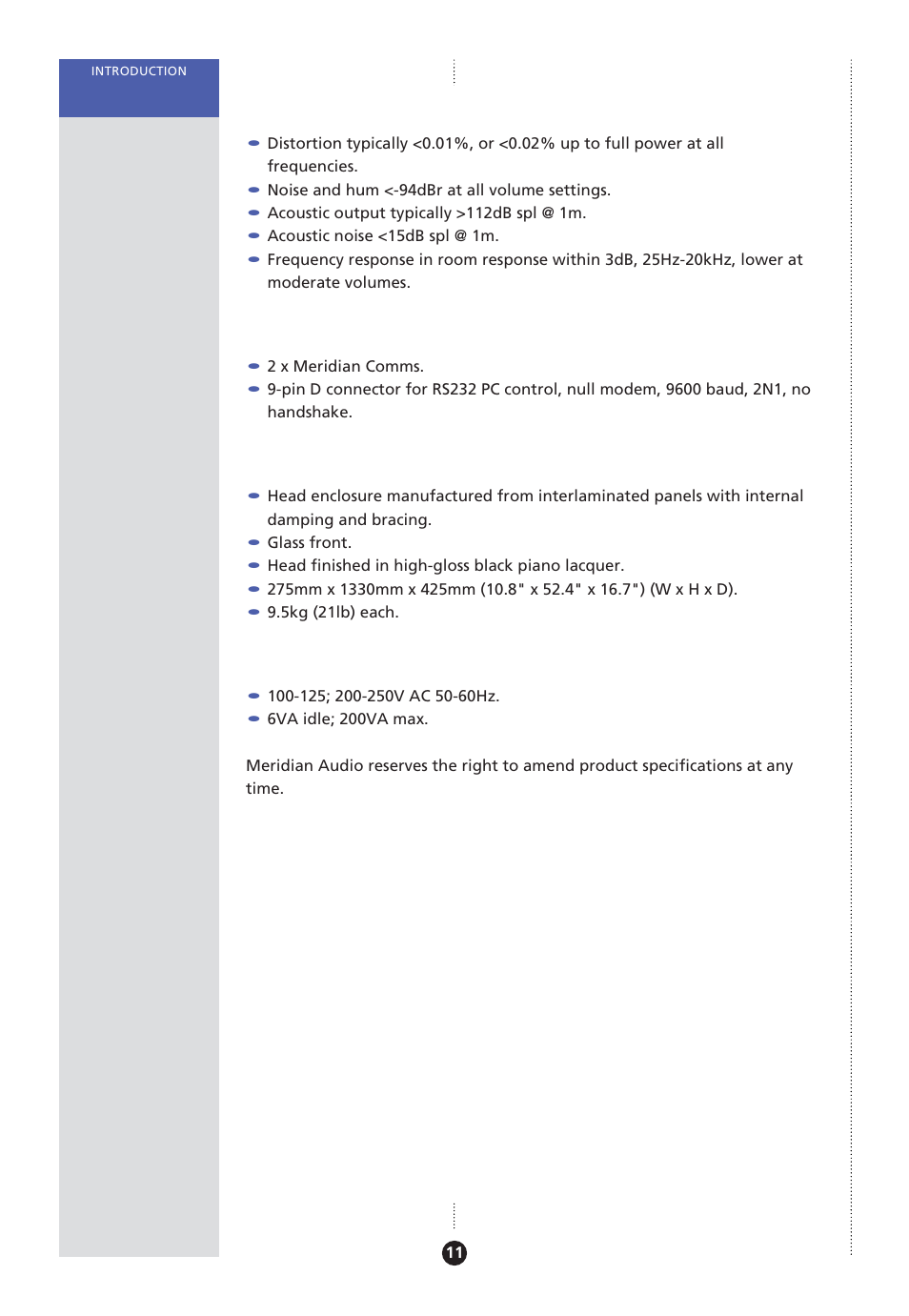 Available accessories, Characteristics, Control | Cabinet, Power | Meridian America Meridian DSP User Manual | Page 16 / 49